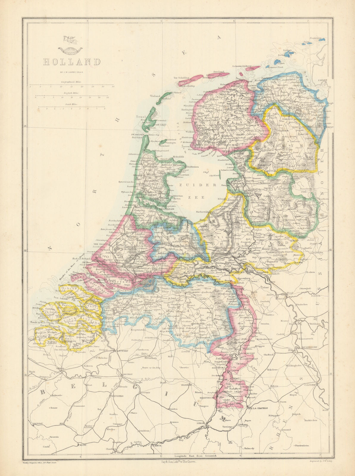 'Holland'. Netherlands in provinces. JW LOWRY for the Dispatch atlas 1863 map